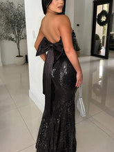Strapless Bow Tie Back Sequin Maxi Dress